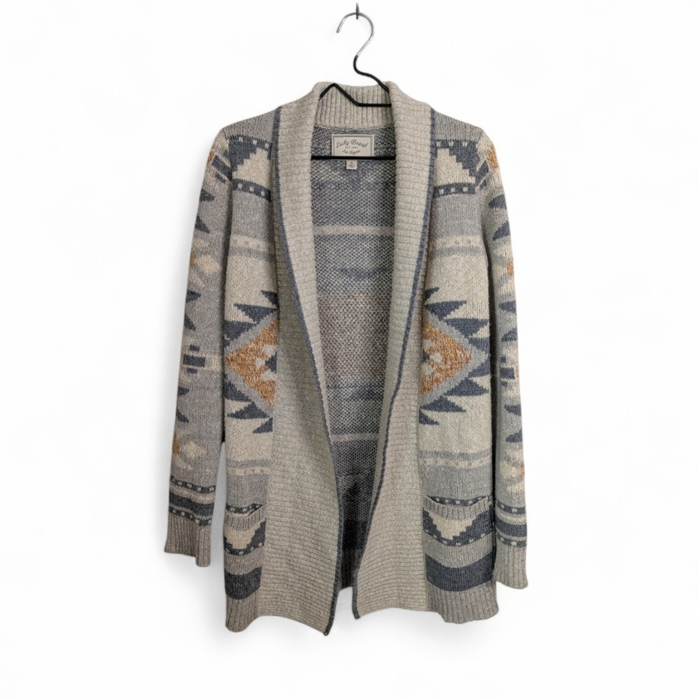 Lucky Brand Gray Long Cardigan Sweater Open Front Southwestern Aztec Tribal S